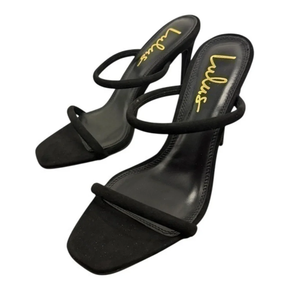 NIB Lulus Theyaa Black‎ Faux Suede Square Toe High Heel Sandals Size 7 - Picture 3 of 7